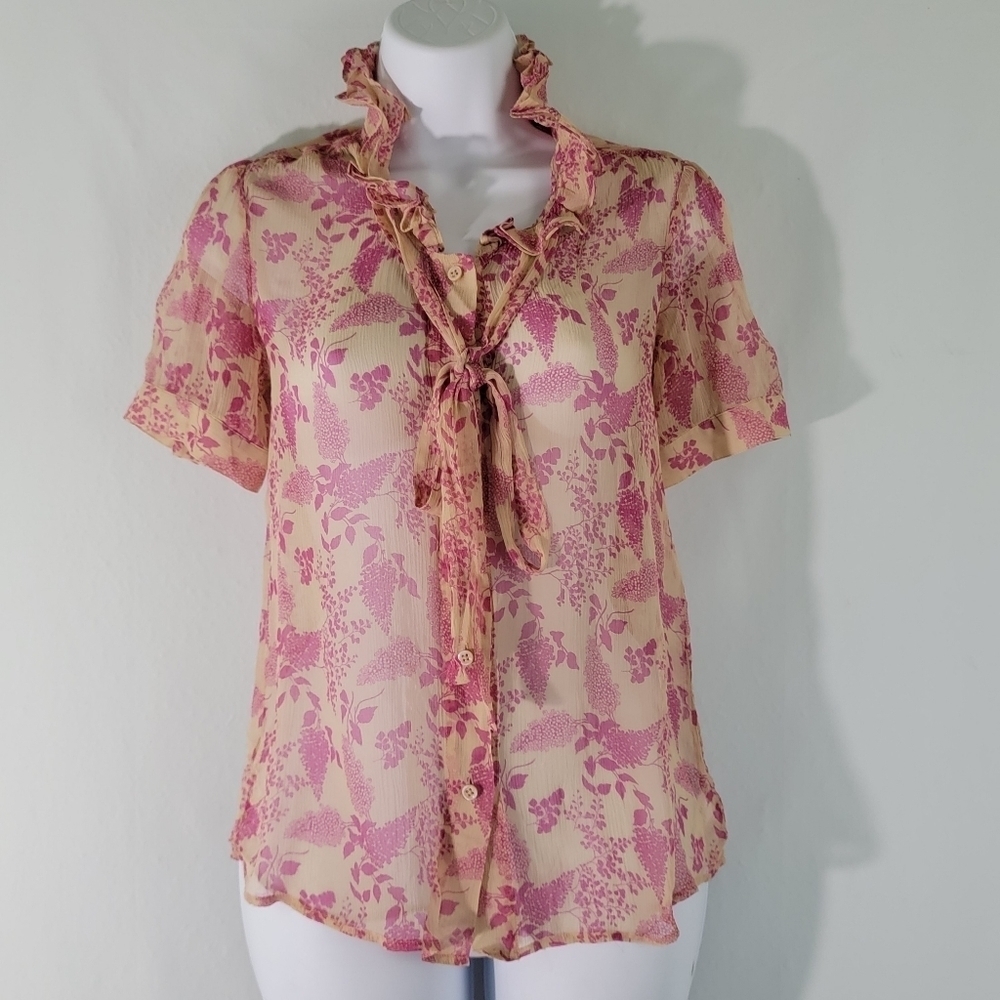 Theory Women's Pink/cream Floral Silk Blouse Sz S Ruffle Neck Tie Button-Up